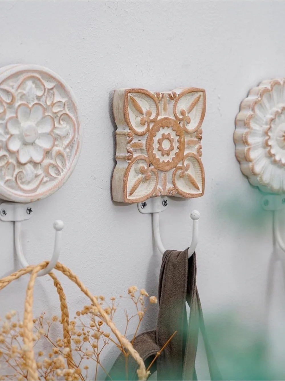 Decorative bohemian coat hooks - White & Tan Wall Hooks - Set of 3